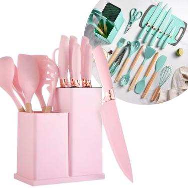 Imagem de Kit 19 Utensílios De Cozinha Silicone Cabo De Madeira Faca Tábua Rosa