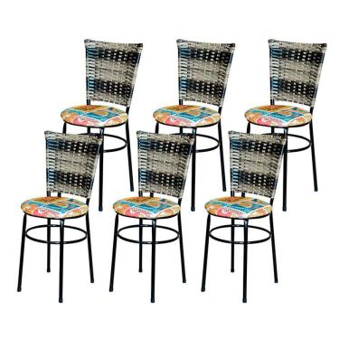 Imagem de 6 Cadeiras Para Cozinha Preta Hawai Cappuccino Premium Assento Floral Happy Hour