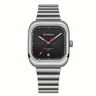 Imagem de Relógio Casual Masculino De Quartzo Pulseira De Aço Inoxidável Quadrado Prata Preto