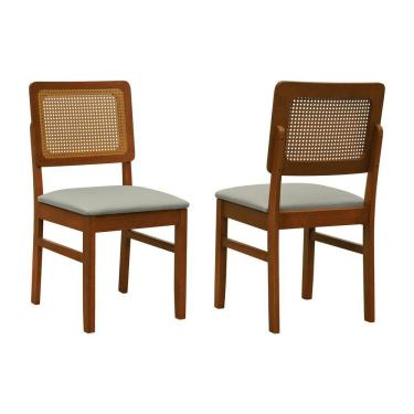 Imagem de Kit 2 Cadeiras Madeira Maciça Lyon Encosto Telinha Amêndoa - Amêndoa Assento Estofado Linho Bege