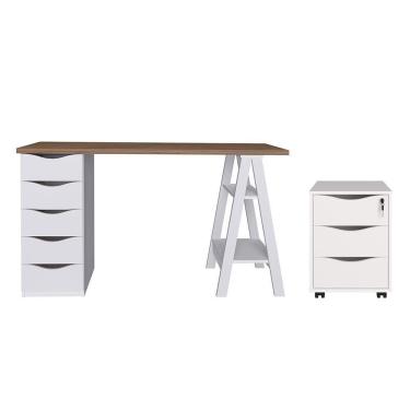 Imagem de Conjunto Escrivaninha E Gaveteiro Leverkusen Nogal Branco