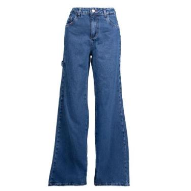 Imagem de Calça Jeans Feminina Sawary Wide Leg Puídos Azul Escuro, Azul escuro, 