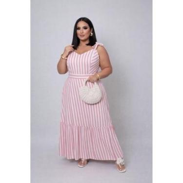 Imagem de Vestido Longo Plus Size D Bell Outlet Fashion Listrado Alça Amarração Caramelo-Feminino