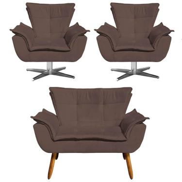Imagem de Kit Namoradeira E 2 Poltronas Giratórias Cromada Opla Suede Marrom - Ibiza