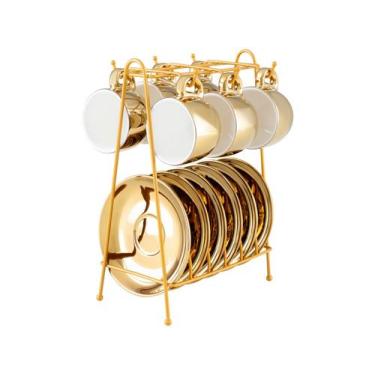 Imagem de Jogo 6 Xícaras 90ml De Café Porcelana com Pires e suporte Branco/Doura