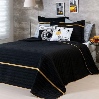 Imagem de Kit Cobre Leito 5 Peças Queen Inove 100% Poliéster - Selfie Preto/mostarda
