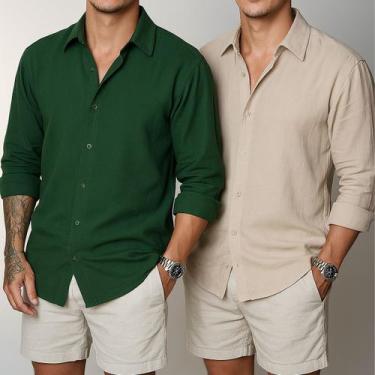 Imagem de Kit 2 Camisa de Linho Manga Longa Masculina Social Confortável Casual 