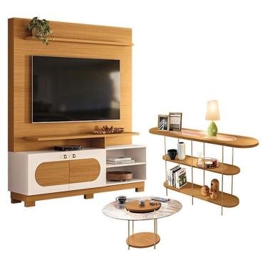 Imagem de Estante Home Theater Axis Com Mesa De Centro Sky Com Tampo De Vidro E Aparador Infinity Cinamomo Off White - Hb Móveis