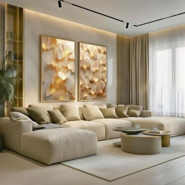 Imagem de Conjunto 2 Quadros Decorativos com Moldura Caixa Ginkgo Dourado Luxo  
