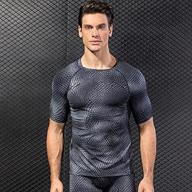 Imagem de Camiseta masculina esportiva impressão 3D com gola redonda manga curta secagem rápida bodycon corrida treino treino roupas esportivas(Large)(Preto)