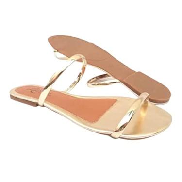 Imagem de Sandália Rasteira Feminina Flat De Tiras Dourada Metalizada (37)