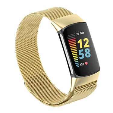 Imagem de Pulseiras de malha magnética compatíveis apenas com Fitbit Charge 5, sem design de fivela, pulseiras de aço inoxidável ajustáveis de metal para monitor de atividades Charge 5, mulheres e homens, dourado