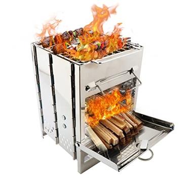 Imagem de Fogão de acampamento à lenha dobrável portátil de aço inoxidável para mochilão fogão para caminhadas ao ar livre camping, churrasco, grelhar, cozinhar grelha dobrável acampamento fogão a madeira, prata, 15 * 15 * 21 cm