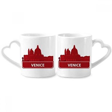 Imagem de Conjunto de canecas de porcelana para casais, padrão de marco, vermelho, da Veneza, Itália e coração