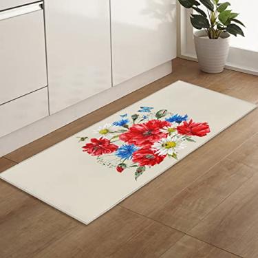 Imagem de Tapete de corredor, vermelho azul flor borboleta aquarela estampa floral antiderrapante corredor tapete de porta tapete baixo tapete para entrada cozinha lavanderia quarto 48 x 18