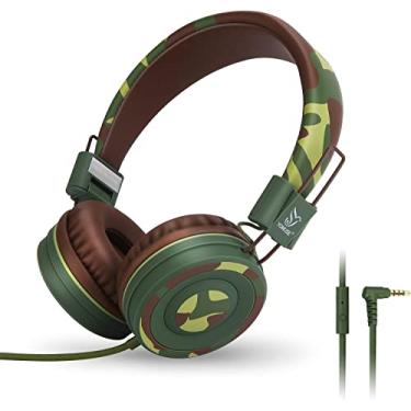 Imagem de Yomuse C89 Fones de ouvido infantis, fones de ouvido com fio com microfone, fones de ouvido intra-auriculares ajustáveis e dobráveis para viagens escolares crianças meninas meninos adultos (verde camuflado)