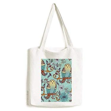 Imagem de Bolsa de lona com estampa de coruja e flor azul, bolsa de compras casual