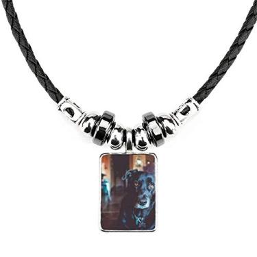 Imagem de DIYthinker Colar com imagem de animal de estimação de cachorro preto joia Torque pingente de corda de couro