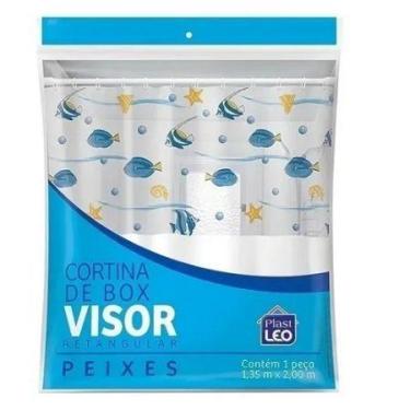 Imagem de Cortina Box Banheiro 1,35X2,00 C/ Visor E Ganchos - Peixes - Plast Leo