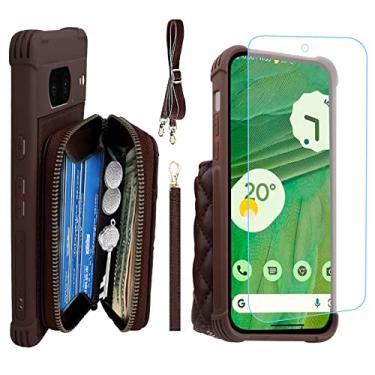 Imagem de MONASAY Capa carteira com zíper para Google Pixel 7, [protetor de tela] [bloqueio de RFID] capa de couro flip para celular com suporte para cartão e alça de ombro transversal 6,3 polegadas Castanho