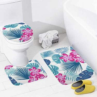 Imagem de Conjunto de tapetes de banheiro 3 peças tropicais Frangipani Plumeria Flowers Tapete de banheiro lavável Tapete antiderrapante Tapete de contorno e tampa para banheiro