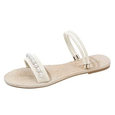 Imagem de Sandálias planas moda verão sola de palha pérola fundo plano casual simples duas roupas praia sandálias femininas tamanho grande chinelos (branco, 8,5)