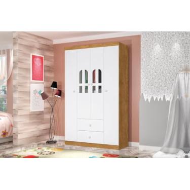 Imagem de Roupeiro/Armário ALL Modelo Infantil 4 Portas Com Detalhes em Acrílico + 2 Gavetas Com Pintura UV e Verniz Brilhante Cor Nature/Branco