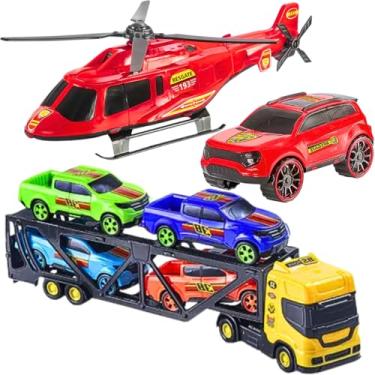 Imagem de Kit Infantil Mini Cegonheiro 4 Pickups Helicóptero e Viatura Bombeiro