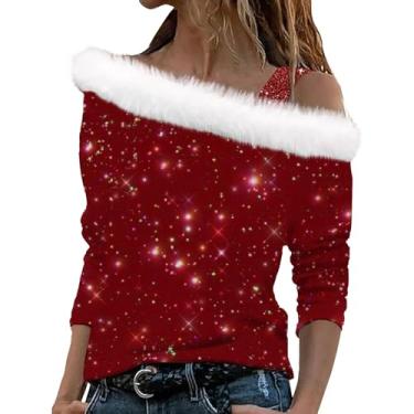 Imagem de Elogoog Camiseta feminina Merry Christmas pulôver ombro frio árvore floco de neve tops sexy vermelho taça de vinho estampado suéter, Rosa choque, XX-Large