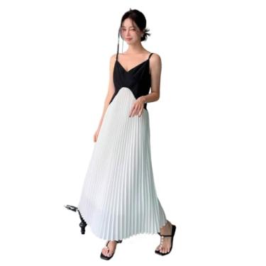 Imagem de Camisa Feminina Two Tone Pleated Hem Cami Dress (Color : Black and White, Size : X-Small)