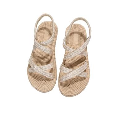 Imagem de Verdusa Sandálias femininas casuais de tecido cruzado férias verão praia sandálias planas sapatos, Bege, 8.5