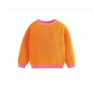 Imagem de Tops de treino para meninas, suéter de contraste de cor de bebê, moda infantil, gola redonda, camisetas abaixo de 5 anos, Laranja, 2-3 Years