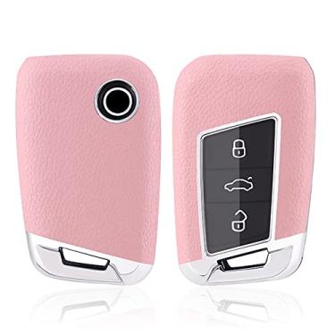 Imagem de HIBEYO Capa de chaveiro de carro com textura de couro ABS com chaveiro serve para Volkswagen Passat Golf Alltrack Atlas Jetta Skoda Tiguan Superb Car Key Case Cover Cover Smart Remote Car Key Holder 3