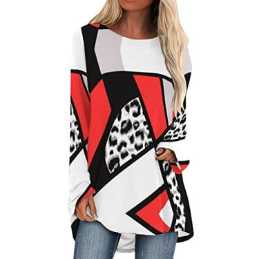 Imagem de Camiseta longa grande para mulheres com estampa colorida em bloco, gola redonda, túnica para usar com leggings Camisa de manga longa com de formal Patchwork colorido C51-Vermelho X-Large