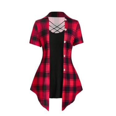 Imagem de WDIRARA Camiseta feminina plus size xadrez com botão cruzado frontal manga curta 2 em 1 bainha assimétrica, Vermelho multicolorido., GG Plus Size