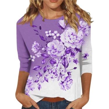 Imagem de Camisetas femininas de manga 3/4 com estampa floral 2024 camiseta casual macia túnica moderna blusa básica leve, Roxa, GG