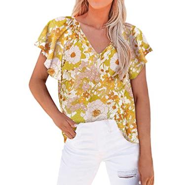 Imagem de Blusas femininas modernas estampadas para treino plus size manga curta Y2K blusas de chiffon de verão camisas florais túnica formal, Amarelo, GG