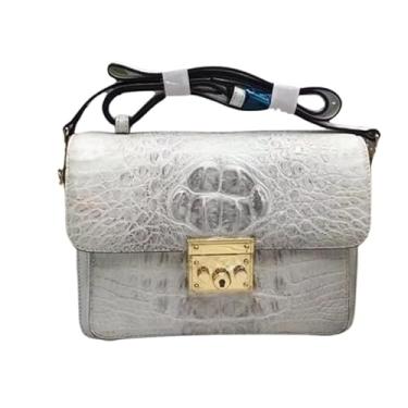 Imagem de Bolsa mensageiro feminina de couro de jacaré autêntica com pele de crocodilo genuína, bolsa de ombro feminina, Branco