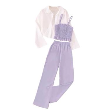 Imagem de Verdusa Conjunto de blusa feminina de 3 peças, blusa de botão e calça flare e manga comprida, Branco, roxo, 8Y
