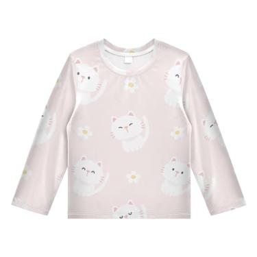 Imagem de Linqin Camiseta Rash Guard de manga comprida para meninos e meninas, FPS 50+, linda camiseta de natação com proteção solar para crianças, Lindo gato e flores, 11-12 Anos