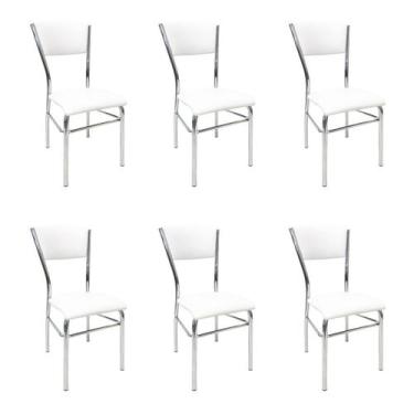 Imagem de Kit 6 Cadeiras De Cozinha Com Reforço Cromada Assento E Encosto Branco