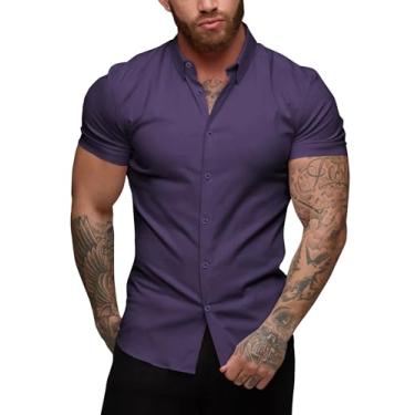 Imagem de URRU Camisa social masculina slim fit stretch manga curta casual abotoada para homens, Manga curta - roxo, G