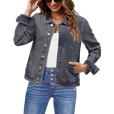 Imagem de luvamia Jaqueta jeans feminina, moderna, elegante, casual, manga comprida, elástica, jaqueta de ganga, jaqueta ocidental com bolsos, Preto lavado, P