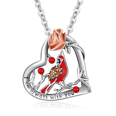 Imagem de TANGPOET Cardinal Gifts for Women Girls 925 Sterling Silver Red Cardinal Heart Pendant Necklace I Am Always with You Gravado Cardinal Memorial Jewelry Gifts for Mothers Day Christmas Birthday, Prata