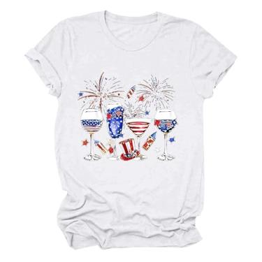 Imagem de Camisetas femininas com estampa Independent Day, manga curta, caimento solto, camisetas patrióticas de verão, Branco, G