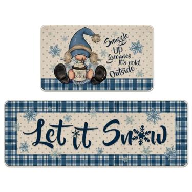 Imagem de Tailus Gnomo de inverno Let It Snow Conjunto de 2 tapetes de cozinha, tapetes de cozinha de casa de fazenda xadrez azul com bolinhas e floco de neve, decoração de casa de Natal para férias sazonais - 45 x 73 cm e 47 x 17 polegadas