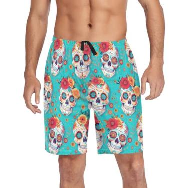 Imagem de CHIFIGNO Shorts de pijama masculinos, shorts de pijama para exercícios com bolsos e cordão, Caveiras de açúcar com floral, XXG