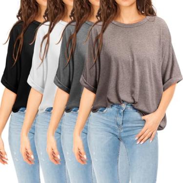 Imagem de JaGely 4 peças camiseta feminina grande manga curta gola redonda camiseta casual verão camiseta solta, Preto, cinza, branco e café, M