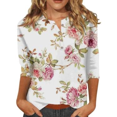 Imagem de Camisetas femininas com gola V e manga 3/4, casuais, básicas, de verão, estampa floral, botões, solta, túnica, #02 - Branco, M
