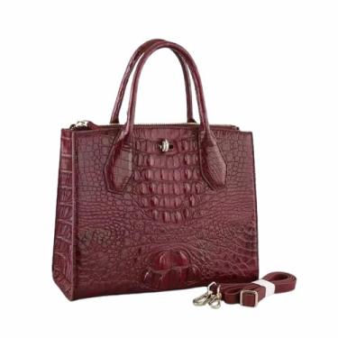 Imagem de Bolsa feminina autêntica de couro jacaré genuíno exótico pele de crocodilo bolsa de ombro única feminina bolsa transversal, Borgonha, 28cm(Width) x 23cm(Height) x 11.5cm(Deep)